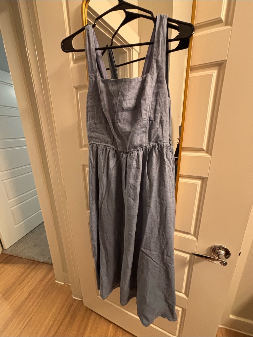 Quince Light Blue Linen Midi Dress with Square Neck